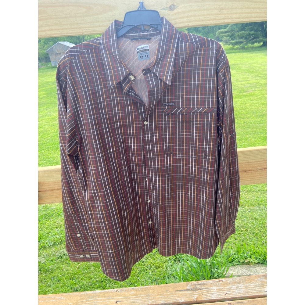 Columbia Titanium Men L Brown Plaid Omni-Dry Coolmax Long Sleeve Shirt with Cuff
